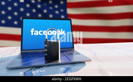 Guilherand-Granges, France - February 18, 2021. Notebook with Facebook logo, padlock and American flag in the background. American social media conglo Stock Photo