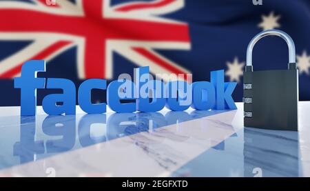 Guilherand-Granges, France - February 18, 2021. Facebook logo, padlock and Australian flag in the background. American social media conglomerate corpo Stock Photo
