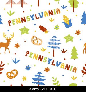 USA collection. Vector illustration of Pennsylvania theme. State Symbols - seamless pattern Stock Vector