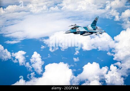 Guam, United States. 18th Feb, 2021. A U.S. Air Force F-16 Fighting Falcon fighter jet, assigned to the 18th Aggressor Squadron, during exercise Cope North 21 February 18, 2021 near Guam. Cope North is an annual exercise was allies in the Indo-Pacific. Credit: Planetpix/Alamy Live News Stock Photo