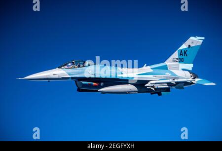 Guam, United States. 18th Feb, 2021. A U.S. Air Force F-16 Fighting Falcon fighter jet, assigned to the 18th Aggressor Squadron, during exercise Cope North 21 February 18, 2021 near Guam. Cope North is an annual exercise was allies in the Indo-Pacific. Credit: Planetpix/Alamy Live News Stock Photo