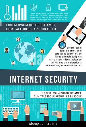 Internet security banner for data protection technology concept. Computer, mobile phone, tablet and laptop, connected to network with lock, shield and Stock Vector