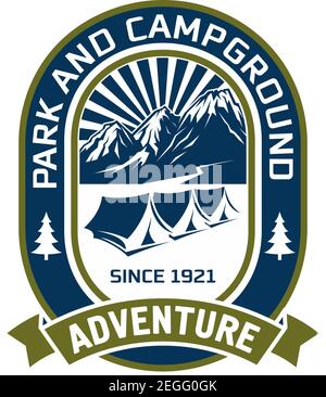 Camping adventure or mountain camp and outdoor hiking club badge design. Vector isolated icon of campground tents in summer or winter mountains for ex Stock Vector