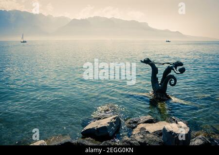 Vevey, Switzerland- August 24, 2019. Mermaid sculpture on the Leman Lake ( Geneva) at Vevey Riviera, Switzerland Stock Photo