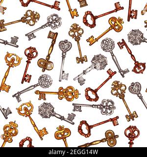 Vintage keys seamless pattern of vector old brass or metal bronze lock keys from antique or medieval royal castle with ornate bow and wards Stock Vector