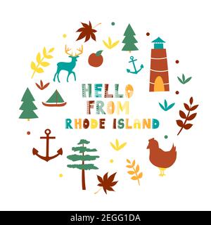 USA collection. Hello from Rhode Island theme. State Symbols round shape card Stock Vector