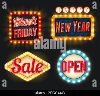 Black Friday or New Year sale discount promo offer icons for posters or advertising flyer. Vector lightbub lamp neon light retro signage for open sign Stock Vector