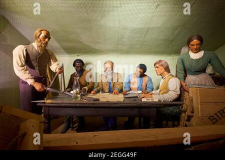 Diorama sign: Preparing for the raid. At the John Brown Wax Museum in Harpers Ferry, West Virginia. Stock Photo