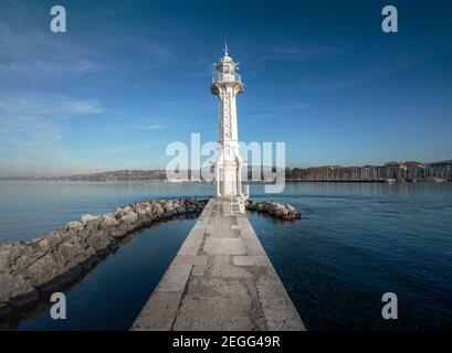 Lighthouse Bains des Paquis Public Baths on Lake Geneva - Geneva, Switzerland Stock Photo