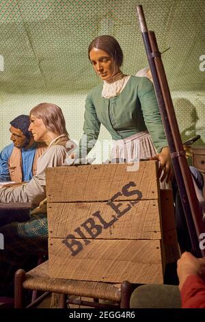 Diorama sign: Preparing for the raid. At the John Brown Wax Museum in Harpers Ferry, West Virginia. Stock Photo