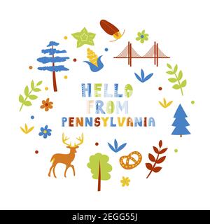 USA collection. Hello from Pennsylvania theme. State Symbols round shape card Stock Vector