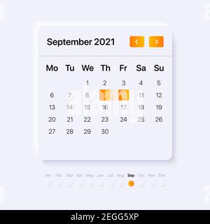 Calendar UI Element. Neumorphism UI Concept with orange gradient pickers. . Vector illustration Stock Vector