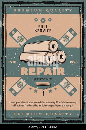 House repair and renovation vintage banner with work tool. Wallpaper roll, paint roller and ruler retro grunge poster in scratched frame for construct Stock Vector