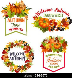 Autumn quotes and icons of maple leaf, rowan berry or pumpkin harvest and oak acorn. Vector set of aspen, chestnut and poplar falling leaves for Hello Stock Vector