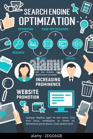 Search engine optimization and internet content technology poster for social marketing and web site promotion. Vector flat design for digital technolo Stock Vector