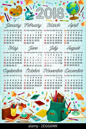 Back to school calendar template on squared paper with school supplies. 2018 year calendar poster design with student book, pencil and pen, ruler, bac Stock Vector