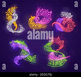 Musical note neon sign for live music night club and karaoke bar signboard. Glowing music stave with musical note and treble clef on dark brick wall b Stock Vector