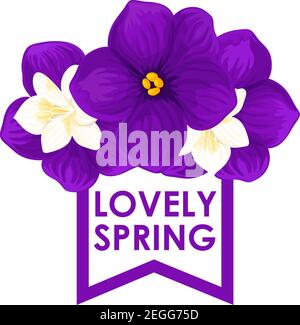Spring crocuses bunch icon for springtime seasonal holiday or greeting card design. Vector isolated blue and white blooming violet bouquet of spring f Stock Vector