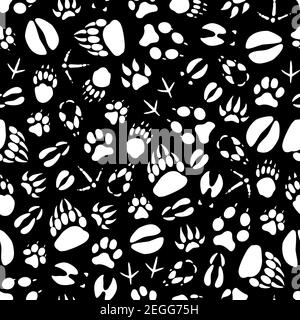 Animals footprints silhouettes vector set. Birds and mammals white traces on black background. Seamless pattern with traces of wild animals. Vector po Stock Vector