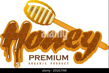 Honey natural beekeeping icon design for honey jar label of honey splash drops on wooden dipper spoon. Vector flat isolated symbol of apiary beekeepin Stock Vector