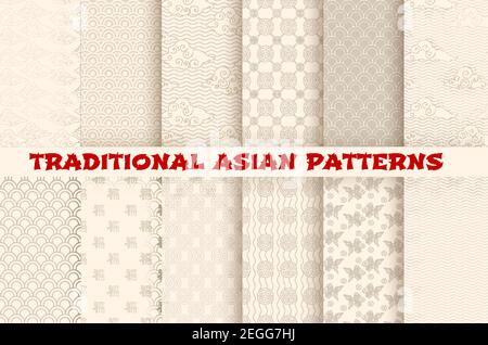 Asian patters set of Chinese or Japanese seamless traditional ornaments. Vector abstract floral, ornamental clouds and geometric waves for Asian flour Stock Vector