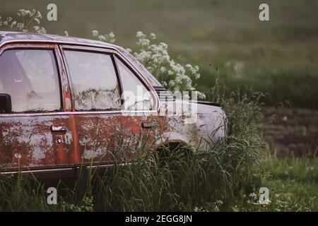 Abandoned od rustic soviet car n ild grass in countryside Stock Photo