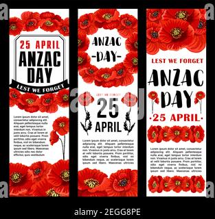 Anzac Day 25 April Australian remembrance day banners design of red poppy flowers and Lest We Forget ribbon. Vector Anzac Day symbols of Australia and Stock Vector