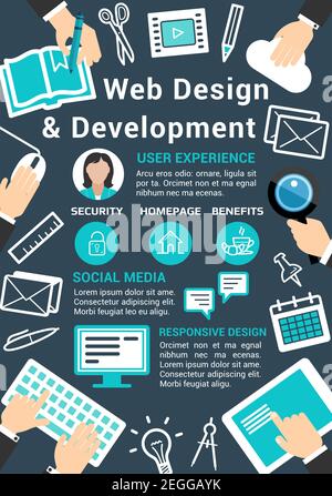 Web design and site development company or digital agency poster. Vector flat icons and internet technology programming tools for search analytics, e- Stock Vector