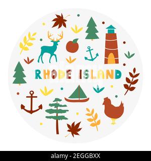 USA collection. Vector illustration of Rhode Island theme. State Symbols - round shape Stock Vector