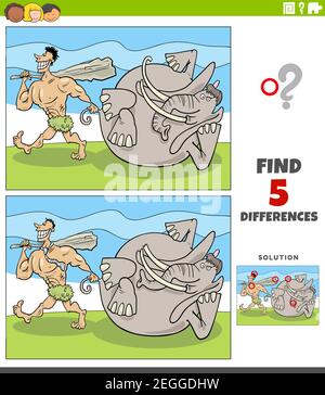 Cartoon illustration of finding the differences between pictures educational game with prehistoric man or caveman with mammoth Stock Vector