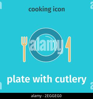 Colored icon plate with cutlery. Vector table setting. Plate, knife and fork. Flat illustration. Stock Vector
