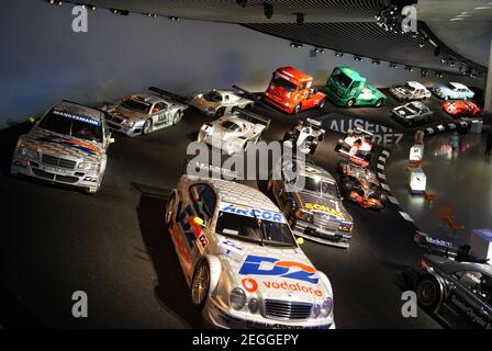 Stuttgart, Germany, August 2010: Interior of the Mercedes-Benz Museum in Stuttgart. The museum covers the history of Mercedes-Benz and itst associated Stock Photo