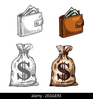 Wallet with money and sack of dollars vector icon. Brown wallet full of money, concept of rich and wealth. Vector image with banknotes or cash. Money Stock Vector