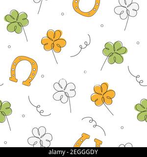 Seamless St.Patrick day background. Seamless minimalistic pattern with clover and horseshoe on white background Stock Vector