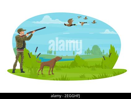 Hunter hunting ducks in forest with hunting dog. Vector flat poster design of hunter man with rifle in camouflage outfit on hunting open season for wi Stock Vector