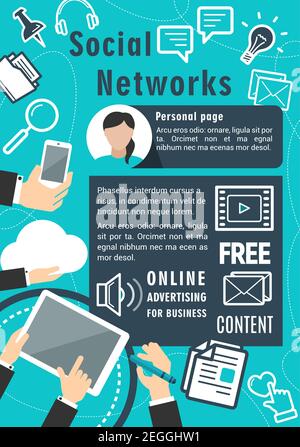 Social network vector poster for internet communication and personal data protection or technical support. Vector design for information technologies Stock Vector