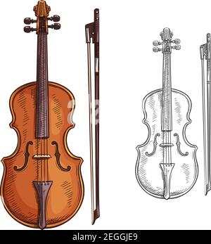 Classic violin with bow vector. Vector brown violin and bow isolated on white background. Concept of music and entertainment. Creative design with col Stock Vector