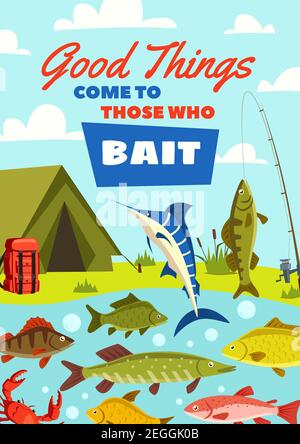 Fishing sport banner with fish catch and fisherman camp on river bank. Fishing rod, hook and bait with carp fish, blue marlin and perch, pike, trout a Stock Vector
