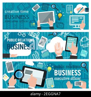 Banner about internet business. Creative horizontal banners in blue color, public relations business concept. Executive officer vector banner with tab Stock Vector
