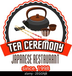 Teapot and ceramic tea pot cups icon for Japanese restaurant menu or tea ceremony of Japan cuisine. Vector design template or green or black tea with Stock Vector