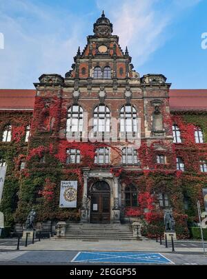 Wroclaw October 18 2019 Colorful facade of Wroclaw National Museum with colorful ivy on walls Stock Photo