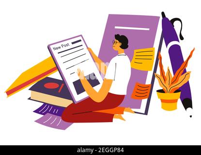Freelancer copywriter writing article in notebook Stock Vector