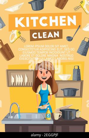 Kitchen cleaning banner for household or housework themes design. Housewife washing dishes in kitchen sink with detergent and sponge, surrounded with Stock Vector