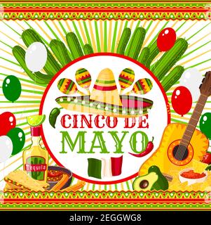 Cinco de Mayo festive vector Mexican holiday poster with hat, chili, maracas and guitar. Cinco de mayo poster design. Mexican Cinco de Mayo greeting c Stock Vector