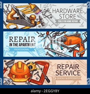 Home repair work tools and hardware store banners set. Vector sketch construction tools, carpentry hammer or saw, woodwork drill or screwdriver and gr Stock Vector
