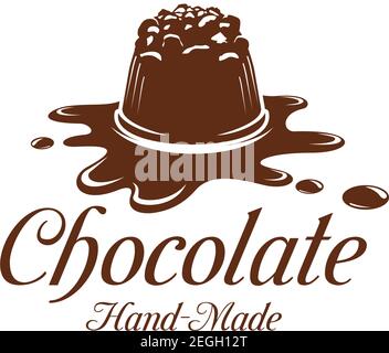 Chocolate candy or comfit dessert on chocolate splash icon template for sweet hand made choco product label design template. Vector isolated chocolate Stock Vector