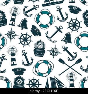 Nautical seafarer seamless pattern. Vector design of ship anchor, helm or life buoy and marine navy crossed paddles, trident or aqualung mask and boat Stock Vector