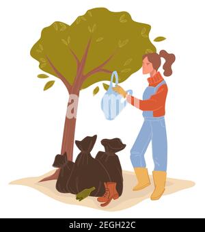 Female activist caring for nature cleaning bags Stock Vector