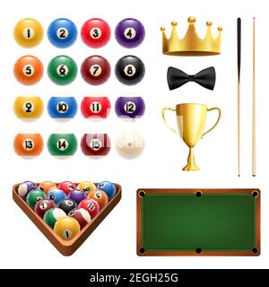 Billiards sport icon set with snooker game equipment and item. Billiard, snooker and pool ball with cue, green table and triangle, winner trophy cup a Stock Vector