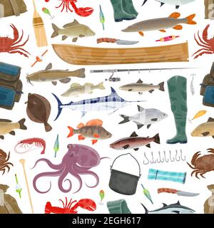 Fishing seamless pattern of fisherman equipment and fish catch. Vector pattern background of tackles for fish and seafood catch, fishing rod or wader Stock Vector